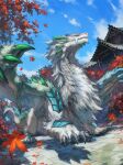  blue_eyes blue_sky building claws commission day dragon dragon_tail fantasy highres leaf maple_leaf monster nasuno_posi no_humans original skeb_commission sky tail tree western_dragon white_fur wings 