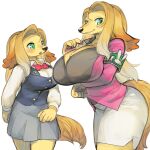  anthro armband big_breasts blonde_hair blush bottomwear breast_size_difference breasts canid canine canis cleavage clothed clothing domestic_dog duo female fur green_eyes hair jacket kemono mammal office_lady simple_background skirt topwear utsuki_maito white_background yellow_body yellow_fur 
