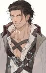  1boy adventurer_(ff14) chest_belt chest_harness final_fantasy final_fantasy_xiv final_fantasy_xiv_dawntrail gsg7pk hair_slicked_back harness highres leather_belt looking_at_viewer male_focus mature_male medium_hair mustache_stubble pectoral_cleavage pectorals scar scar_across_eye smile solo sparse_stubble thick_eyebrows upper_body warrior_of_light_(ff14) 