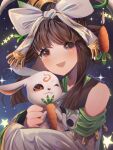  1girl :d artist_name bare_shoulders bow brown_eyes brown_hair carrot chang&#039;e_(mobile_legends) chinese_clothes dress english_commentary hair_bow hair_ornament heikokuru1224 long_hair long_sleeves looking_at_viewer mobile_legends:_bang_bang night night_sky one_eye_closed open_mouth rabbit sky smile solo star_(sky) starry_sky upper_body white_dress 