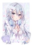  1girl absurdres apron beamed_eighth_notes blue_eyes blush commentary eighth_note grey_hair hair_ornament hairclip headphones headphones_around_neck highres jacket jersey_maid long_hair long_sleeves maid musical_note open_mouth own_hands_together project_sekai purple_nails shafu!_(404not_found) solo track_jacket unconventional_maid white_apron wing_hair_ornament yoisaki_kanade 