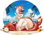  1girl :d ahoge animal_print anklet ass azur_lane bare_shoulders barefoot beach bikini bird bird_print blue_sky blush braid brown_eyes brown_hair chick cloud day dragon_girl dragon_horns dragon_tail fang feet flat_chest frilled_bikini frills from_behind hair_ribbon highres hiranuma_(azur_lane) horns index_finger_raised inflatable_crab izuru_(timbermetal) jewelry kneeling legs long_hair looking_at_viewer looking_back manjuu_(azur_lane) nail_polish natori_(azur_lane) natori_(beach_paradise)_(azur_lane) ocean official_alternate_costume official_art open_mouth outdoors palm_leaf palm_tree parted_bangs pointy_ears ponytail red_nails ribbon sand sky smile smug soles solo_focus swimsuit tail thighs toes tree v-shaped_eyebrows water white_ribbon 