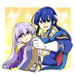  1boy 1girl brother_and_sister cape circlet dress fire_emblem fire_emblem:_genealogy_of_the_holy_war headband holding_hands julia_(fire_emblem) long_hair looking_at_viewer open_mouth ponytail purple_eyes purple_hair seliph_(fire_emblem) siblings simple_background smile white_headband yukia_(firstaid0) 