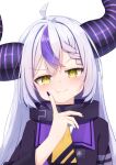  1girl absurdres ahoge black_horns braid braided_bangs coat collar grey_hair highres hololive horns kamaboko_(kmm15a) la+_darknesss la+_darknesss_(1st_costume) long_hair looking_at_viewer metal_collar multicolored_hair nail_polish pointy_ears purple_coat purple_hair purple_nails solo streaked_hair striped_horns virtual_youtuber yellow_eyes 