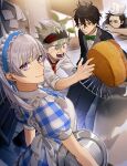  1girl 3boys apron asta_(black_clover) black_clover black_hair black_headband black_suit blue_headband bow bowtie chef_hat closed_mouth collared_shirt formal frilled_apron frilled_hairband frills gen_me green_bow green_bowtie grey_hair hairband hat headband highres looking_at_viewer low_twintails multiple_boys necktie noelle_silva official_alternate_costume open_mouth purple_eyes red_necktie shirt short_hair smile suit twintails waitress white_shirt yami_sukehiro yellow_eyes yuno_(black_clover) 