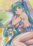 2girls ahoge aqua_eyes aqua_hair beach bikini blanket blue_bikini chibi_miku_(mayo_riyo) commentary drooling from_above grin hair_ornament hand_rest hatsune_miku head_on_hand head_rest long_hair looking_to_the_side lying mayo_riyo mini_person minigirl mouth_drool multiple_girls on_back on_side outstretched_arms parasol parted_lips smile spring_onion striped striped_bikini stuffed_toy sunglasses swimsuit twintails umbrella very_long_hair vocaloid 