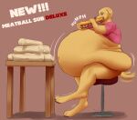  2022 advertisement ambiguous_gender anthro bar_stool belly big_belly bird_dog canid canine canis digital_media_(artwork) digital_painting_(artwork) domestic_dog eating english_text food furniture hi_res hunting_dog labrador mammal morbidly_obese morbidly_obese_ambiguous morbidly_obese_anthro muldithekobold obese obese_ambiguous obese_anthro onomatopoeia overweight overweight_ambiguous overweight_anthro retriever simple_background solo sound_effects stool tail tail_motion tailwag text weight_gain 
