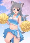  1girl absurdres animal_ear_fluff animal_ears bare_shoulders blue_eyes blue_hair blue_skirt blue_sky breasts cat_ears cat_girl cat_tail cheerleader cleavage commentary_request day ear_piercing feet_out_of_frame grey_hair hair_ornament hairclip highres hinata_(user_rjkt4745) holding long_hair looking_at_viewer medium_breasts multicolored_hair original piercing pleated_skirt pom_pom_(cheerleading) skirt sky solo standing standing_on_one_leg tail two-tone_hair 