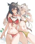  2girls absurdres alternate_costume animal_ear_piercing animal_ears arknights bikini black_hair breasts closed_mouth cmdr_saturn commentary_request cowboy_shot facing_viewer front-tie_bikini_top front-tie_top green_bikini grey_eyes grey_hair hair_between_eyes hair_ornament hairclip hand_up highres lappland_(arknights) long_hair looking_at_viewer medium_breasts multicolored_hair multiple_girls navel ponytail red_bikini red_hair sideways_glance simple_background small_breasts smile standing streaked_hair swimsuit texas_(arknights) white_background 