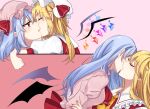  2girls ascot bat_wings black_wings blonde_hair blue_hair commentary_request crystal eringi_(rmrafrn) flandre_scarlet frills hat highres incest kiss mob_cap multiple_girls pink_background pink_headwear pointy_ears red_eyes red_vest remilia_scarlet siblings touhou vest wings yuri 