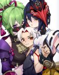  1boy 2girls absurdres aged_down arataki_itto black_gloves black_shirt blue_hair commentary_request crop_top genshin_impact gloves green_hair grey_background highres horns jacket jrpulse kujou_sara kuki_shinobu looking_at_viewer mask mask_on_head midriff mouth_mask multiple_girls open_clothes open_jacket purple_eyes purple_jacket shirt short_hair upper_body white_hair yellow_eyes 