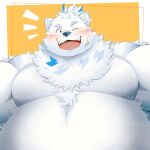  2023 anthro belly big_belly black_nose blush canid canine canis domestic_dog fur hi_res homohomofever kemono lifewonders live_a_hero male mammal one_eye_closed overweight overweight_male portrait simple_background solo white_body white_fur wink yohack 