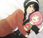  2girls anya_(spy_x_family) bed_sheet black_dress black_hair blush closed_eyes collarbone commentary director_chimera_(spy_x_family) dress dutch_angle eyelashes hair_between_eyes hairband holding holding_stuffed_toy hug light_blush long_hair looking_at_viewer lying medium_hair mochimugi_rice mother_and_daughter multiple_girls off_shoulder on_back on_side open_mouth parted_lips pink_hair red_eyes red_sweater short_sleeves sleeping smile spy_x_family stuffed_toy sunlight sweater white_hairband yor_briar 