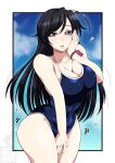  ahoge black_eyes black_hair blue_hair blue_one-piece_swimsuit breasts cleavage competition_school_swimsuit covered_nipples cowboy_shot girls_und_panzer hand_on_own_face highres ichijou_takakiyo isuzu_hana large_breasts long_hair looking_at_viewer one-piece_swimsuit school_swimsuit swimsuit tag 