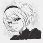  1girl blue_eyes commentary cropped_shoulders expressionless greyscale hairband highres mole mole_under_mouth monochrome nier:automata nier_(series) portrait shirl_geem signature solo spot_color yorha_no._2_type_b 