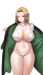  1girl absurdres bellone bikini blonde_hair breasts brown_eyes cleavage closed_mouth collarbone curvy facial_mark forehead forehead_mark green_jacket groin highres huge_breasts jacket jewelry lips looking_at_viewer naruto naruto_(series) navel open_clothes open_jacket pendant simple_background single_bare_shoulder solo stomach swimsuit thighs tsunade_(naruto) white_background white_bikini 