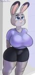  anthro big_breasts breasts buckteeth clothing davidsanchan disney female hands_behind_back hi_res huge_breasts judy_hopps lagomorph leporid looking_up mammal rabbit short_stack solo teeth thick_thighs tight_clothing wide_hips zootopia 