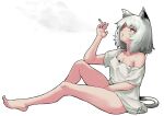  1girl animal_ear_piercing animal_ears between_legs blowing_smoke breasts brown_eyes cat_ears cat_girl cat_tail cigarette collarbone full_body grey_hair hand_between_legs holding holding_cigarette k2isu legs looking_up medium_breasts off_shoulder open_mouth original short_hair signature simple_background sitting smoking solo tail toes white_background 