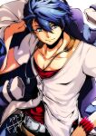  1boy akane_kazami blue_eyes blue_hair bracelet coat dog_tags eiyuu_densetsu hair_between_eyes highres holding holding_clothes holding_coat jewelry kuro_no_kiseki male_focus shirt short_sleeves simple_background smile solo swept_bangs van_arkride white_background white_shirt 