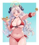  +_+ 1girl ahoge bare_shoulders bikini black_horns blue_archive blue_background blush breasts cleavage commentary_request cowboy_shot flipped_hair food food_on_face front-tie_bikini_top front-tie_top hair_ornament hairclip highres holding holding_food horns huge_breasts izumi_(blue_archive) izumi_(swimsuit)_(blue_archive) long_hair looking_at_viewer messy_hair navel o-ring o-ring_bikini official_alternate_costume open_mouth orange_eyes outstretched_arm plump red_bikini red_nails red_scrunchie red_wristband scrunchie side-tie_bikini_bottom simple_background smile solo stomach swimsuit takoyaki tareme u_jie wet white_hair wrist_scrunchie 