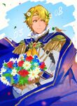  1boy alfred_(fire_emblem) bird blonde_hair blue_cape bouquet cape circlet closed_mouth fire_emblem fire_emblem_engage flower green_eyes highres holding holding_bouquet lamb_(contra_entry) long_sleeves looking_to_the_side male_focus short_hair solo 