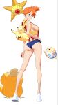  1girl absurdres ass back backpack bag breasts denim denim_shorts highres large_breasts misty_(pokemon) orange_hair pants poke_ball pokemon psyduck shirt shoes shorts side_ponytail sneakers starmie suspenders tight_clothes tight_pants togepi wonbin_lee yellow_shirt 