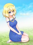  1girl absurdres blonde_hair blue_dress blue_eyes blue_hairband blue_sky blush casual closed_mouth cloud cloudy_sky commentary dated day dress earlobe1514366 flower flower_necklace from_side frown girls_und_panzer grass hairband hands_on_lap highres kneeling looking_at_viewer medium_dress medium_hair messy_hair multi-strapped_dress oshida_(girls_und_panzer) outdoors sandals sky solo sweatdrop white_footwear 
