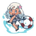  1girl blue_eyes flower hair_flower hair_ornament holding holding_torpedo japanese_flag kantai_collection lifebuoy long_hair one-piece_swimsuit ro-500_(kancolle) sailor_collar sandals solo swimsuit swimsuit_under_clothes tan tanetarou torpedo transparent_background white_hair 