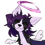  alpha_channel ambiguous_gender angel black_body black_fur canid canine feral fur guncht hair headshot_portrait icon mammal portrait purple_hair simple_background smile solo text transparent_background 