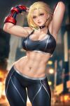  1girl abs armpits arms_up black_gloves black_pants black_sports_bra blonde_hair blurry blurry_background breasts cammy_white cleavage collarbone contrapposto covered_nipples ear_piercing earrings eyelashes fingerless_gloves gloves highres jewelry large_breasts muscular muscular_female navel navel_piercing neoartcore pants patreon_username pendant_choker piercing scar scar_on_cheek scar_on_face short_hair solo sports_bra standing stomach street_fighter street_fighter_6 stud_earrings taut_clothes thick_thighs thigh_gap thighs tight_clothes tight_pants vambraces watermark yoga_pants 
