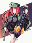  1girl breasts cross cross_necklace fighting_game green_headwear gun highres holding holding_umbrella holding_weapon jewelry long_hair military_uniform necklace parasoul_(skullgirls) red_hair serious skullgirls solo turtleneck umbrella uniform user_hhpf8775 weapon yellow_eyes 
