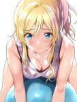  1girl ayase_eli ball bent_over blonde_hair blue_eyes borgbutler breasts cleavage closed_mouth collarbone commentary_request exercise_ball hair_between_eyes highres large_breasts light_blush long_hair looking_at_viewer love_live! love_live!_school_idol_project on_ball ponytail solo white_background 