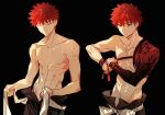  1boy absurdres belt black_background brown_eyes closed_eyes dressing eeju emiya_shirou expressionless fate/grand_order fate_(series) highres igote male_focus red_hair senji_muramasa_(fate) short_hair side-by-side simple_background solo topless_male twitter_username tying upper_body wristband 