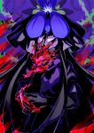  1girl black_gloves dress elbow_gloves fire flower flower_on_head gloves hand_up highres kamabokopic long_hair multicolored_background orchid plant purple_dress purple_eyes smile solo touhou unfinished_dream_of_all_living_ghost vines yomotsu_hisami 