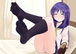  1girl absurdres bed bed_sheet black_socks blush closed_eyes curtains feet feet_up foot_focus full_body highres hinata_yukari indoors kneehighs knees_up leaning_back legs long_hair lts_kakuyo no_shoes on_bed panties pillow purple_hair school_uniform shoes shoes_removed sitting smell smile socks soles solo steaming_body sweatdrop thighs toes underwear white_panties yuyushiki 