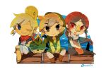  1boy 2girls beak blue_eyes closed_mouth dress green_headwear hair_bun korok link looking_at_viewer makar medli multiple_girls ponytail red_eyes red_scarf scarf sky smile tetra the_legend_of_zelda the_legend_of_zelda:_the_wind_waker tokuura 