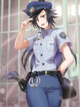  1girl absurdres air_shakur_(umamusume) alternate_costume animal_ears arm_behind_back belt black_hair blue_headwear blue_pants blue_shirt breast_pocket brown_hair cuffs dress_shirt eyebrow_piercing handcuffs hat highres horse_ears horse_girl horse_tail indoors long_hair looking_at_viewer open_mouth pants piercing pocket police police_hat police_uniform policewoman prison ribehachi sharp_teeth shirt short_sleeves solo tail teeth umamusume uniform utility_belt yellow_eyes 