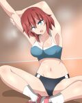  1girl armpits blue_eyes blue_sports_bra blush breasts cleavage collarbone gym_shorts gym_uniform highres large_breasts navel open_mouth original red_hair short_hair shorts solo sports_bra spread_legs stain4 sweat 