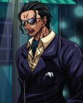  1boy artist_name bbdbg03 black_hair cigarette formal hair_slicked_back highres male_focus neckerchief one_piece open_mouth rain senor_pink short_hair smoking solo suit sunglasses v-shaped_eyebrows 