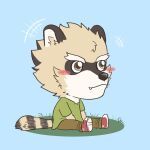  2023 aged_down anthro blush bottomwear chibi clothed clothing colored cute_expression cute_fangs digital_media_(artwork) footwear fully_clothed fur fur_markings grass hi_res inner_ear_fluff male mammal markings nick_saunders_(templar) pants plant procyonid raccoon shirt shoes signature simple_background sitting sneakers solo super-nova swaggy_tamago t-shirt tail tail_markings topwear tuft yellow_body yellow_fur 