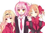  3girls black_jacket blazer blonde_hair blush closed_mouth high_ponytail highres hinamori_amu jacket long_hair long_sleeves looking_at_viewer mashiro_rima multiple_girls necktie one_eye_closed open_mouth orange_eyes orange_hair pink_hair plaid_capelet polarpomp red_armband red_necktie school_uniform seiyo_academy_school_uniform short_hair shugo_chara! side_ponytail smile tongue tongue_out twintails white_background yuiki_yaya 