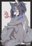  &lt;3 anthro ayabemiso biped blue_hair bodily_fluids canid canine canis claws countershade_fur countershading feet female fur grey_body grey_fur hair hair_between_eyes hi_res hugging_legs kemono looking_at_viewer mammal nude pupils saliva self_hug simple_background sitting slit_pupils solo thought_bubble wolf yellow_eyes 