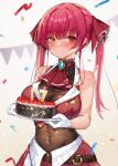  1girl absurdres ascot bare_shoulders belt birthday blush breasts brooch brown_leotard cake cleavage closed_mouth confetti covered_navel cropped_vest food gloves hair_ribbon happy_birthday heterochromia highres hololive houshou_marine jewelry large_breasts leotard long_hair looking_at_viewer plate red_eyes red_hair red_ribbon red_skirt red_vest ribbon see-through see-through_cleavage skirt smile solo twintails ura_illust vest virtual_youtuber white_gloves yellow_eyes 