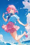  1girl blue_eyes blue_sky cloud floating_hair flowerbanquet full_body hair_between_eyes highres looking_at_viewer medium_hair original outdoors parted_lips pink_hair pink_skirt shirt short_sleeves skirt sky solo splashing standing water white_shirt 