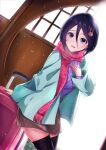  1girl :d black_hair black_thighhighs bleach blue_jacket brown_skirt hair_between_eyes hair_ornament hairclip hand_on_own_chest highres jacket kuchiki_rukia long_bangs long_sleeves looking_at_viewer maya_nishino open_clothes open_jacket open_mouth purple_eyes purple_sweater red_scarf ribbed_sweater scarf short_hair skirt smile solo suitcase sweater thighhighs 