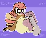  1-upclock 2023 2_toes ambiguous_gender anthro balls beak big_penis brown_body brown_feathers disembodied_penis duo english_text erection feathers feet feet_on_penis foot_fetish foot_play footjob generation_1_pokemon genitals grey_balls grey_penis hi_res looking_at_genitalia looking_at_penis male male/ambiguous multicolored_body multicolored_feathers nintendo number penis pidgeotto pokemon pokemon_(species) purple_background sex simple_background sitting soles talons text toes two-footed_footjob two_tone_body two_tone_feathers watermark 