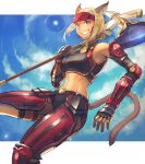  1girl animal_ear_fluff animal_ears arm_guards armor avatar_(ff11) axe bare_shoulders battle_axe black_armor black_gloves blonde_hair blue_eyes blue_sky boobplate breastplate breasts brown_tail cactus41747280 cat_ears cat_girl cat_tail cloud dark-skinned_female dark_skin fang final_fantasy final_fantasy_xi fingerless_gloves forehead_protector gloves grin highres holding holding_axe medium_breasts midriff mithra_(ff11) navel over_shoulder red_armor short_hair short_ponytail sky smile solo tail teeth warrior_(final_fantasy) weapon weapon_over_shoulder 
