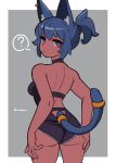  1girl ? amazu_(kurozu) animal_ear_fluff animal_ears aoi_(amazu) ass backless_leotard bare_arms bare_shoulders black_leotard blue_eyes blue_hair breasts cat_ears cat_girl cat_tail closed_mouth dark-skinned_female dark_skin ear_piercing eyebrows_hidden_by_hair from_behind grey_background leotard looking_at_viewer looking_back original piercing ponytail short_eyebrows signature small_breasts solo spoken_question_mark tail thick_eyebrows two-tone_background white_background 