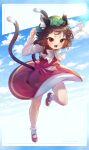  1girl :d animal_ear_piercing animal_ears blue_sky brown_hair cat_ears cat_tail chen cloud cloudy_sky day hat highres hoop_piercing ibaraki_natou mob_cap multiple_tails nekomata open_mouth red_footwear shoes sky smile socks solo tail touhou two_tails v-shaped_eyebrows 