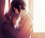  1boy 1girl blush clothes_grab hand_on_another&#039;s_neck hetero hug indoors long_hair long_sleeves looking_down loose_necktie necktie original school_uniform short_hair sunset sweatdrop wannyanpu 